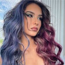 Pastel lavender hair style, soft wavy look inspired by celebrities like Hilary Duff and Kylie Jenner