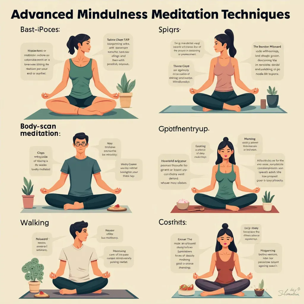 Advanced mindfulness meditation techniques with serene imagery.