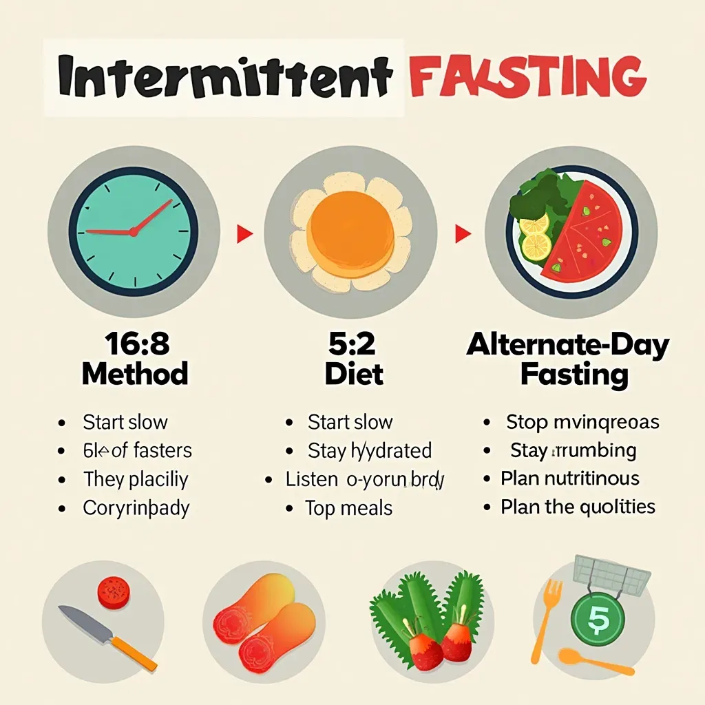 Various methods of intermittent fasting illustrated with a clock and meals.