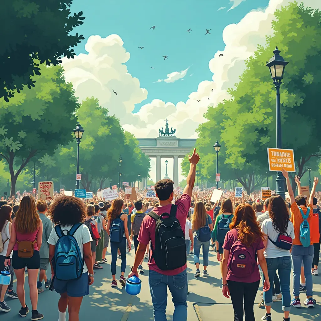 A large group of people holding signs and banners during a climate change protest.