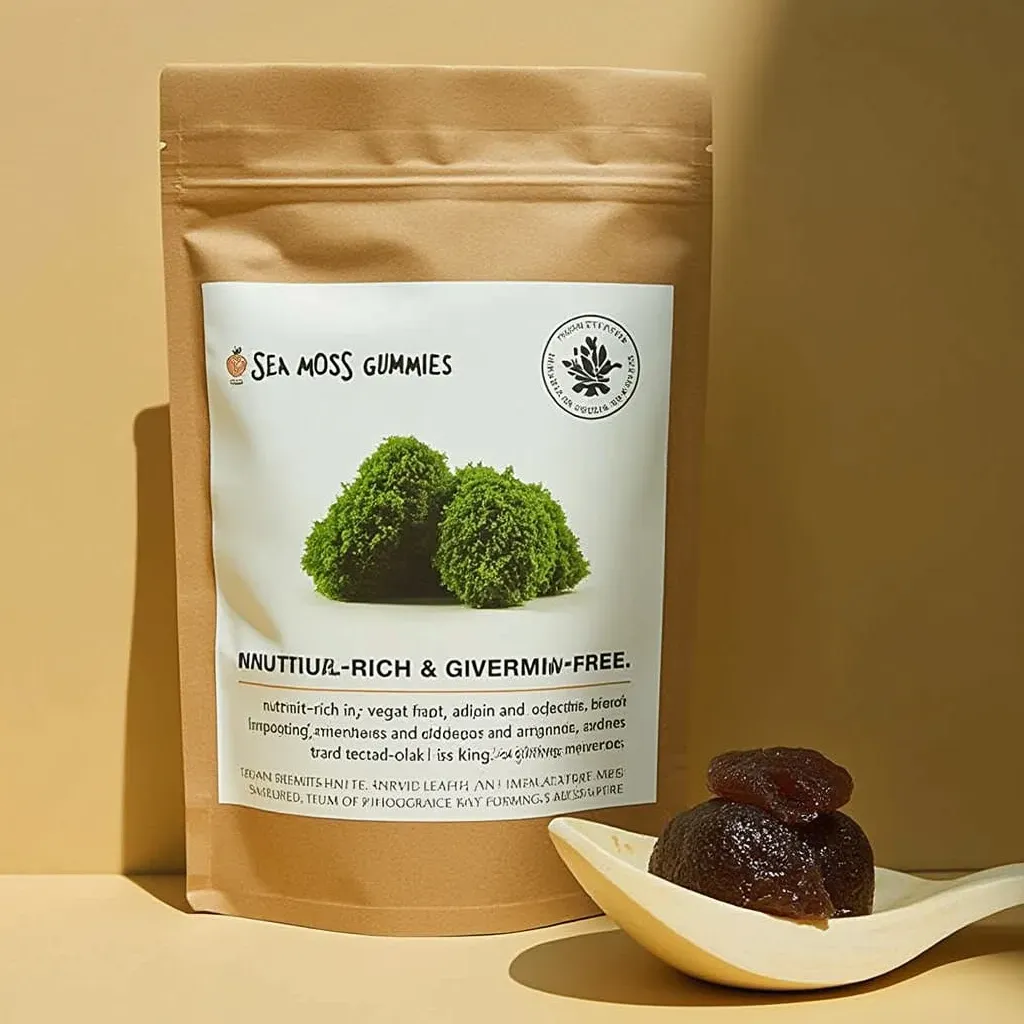 A variety of colorful sea moss gummies displayed on a wooden board