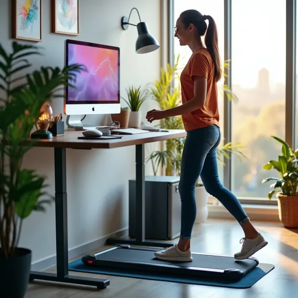 walking pad treadmill under a desk in a modern home office, representing productivity and health.